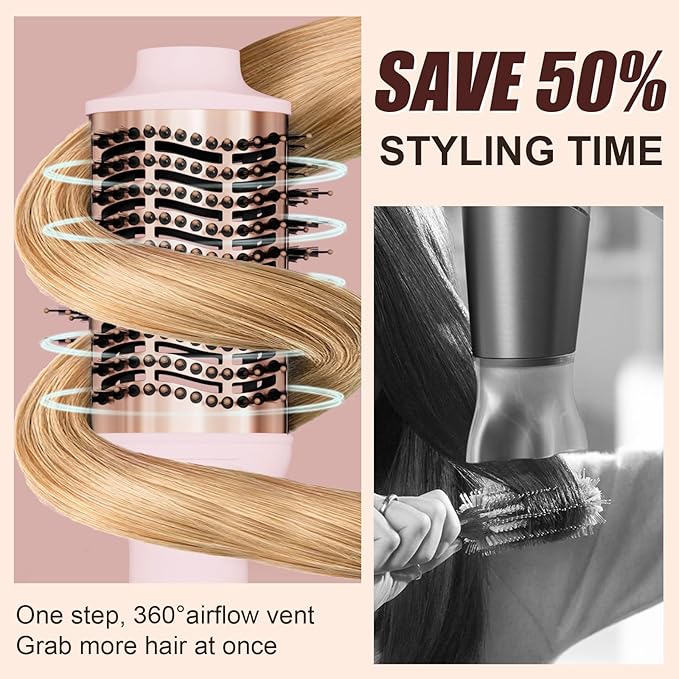 Big Size Dual Voltage Hot Air Brush Dryer, 4 in 1 Ionic Blowout Hair Dryer Brush & Styler Volumizer with 75MM Oval Titanium Barrel for Long & Thick Hair