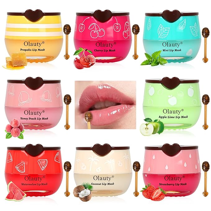 8 PCS Bee Lip Balm Honey Pot, Fruity Mask Overnight Hydrating Prevention for Dry and Cracked Lips, Scrubs Exfoliator Care, Sleeping Mask Reduces Lines