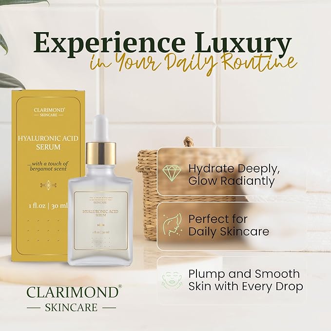 CLARIMOND Hyaluronic Acid Serum for Face – 2% Concentration with Niacinamide, Centella Asiatica, Aloe Vera, Chamomile & Bergamot, Deep Hydration - Skin Repair – Calming Effect.