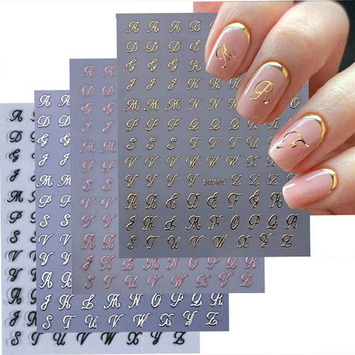 12 Sheets Star Nail Stickers Moon Letter Nail Art Stickers 3D Embossed Self Adhesive Nail Decals Rose Gold Silver Holographic Nails Design Nail Art Decals for Women Manicure DIY Decoration