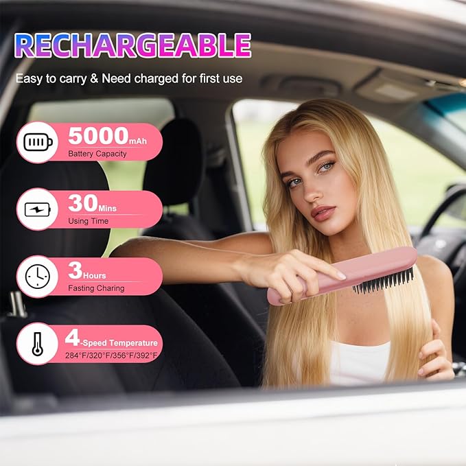 Cordless Hair Straightener Brush - Rizzrosa Portable Hot Comb for Travel, Mini Hair Straightener for Women, 4 Temperature Settings, Ideal for Camping, Office, Parties(Pink)
