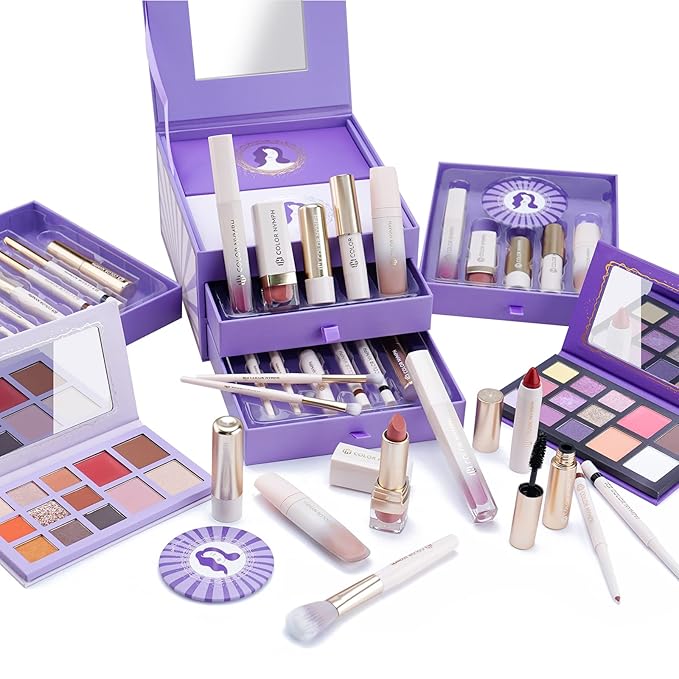 Color Nymph Makeup Gift Set For Teens, Full Kit With Make Up Kits Beginner Makeup Sets with Paper Exquisite Purple Cosmetics Box 2 Eyeshadow Palettes, Mascara, Lipstick, Lipgloss Makeup Set Brushes