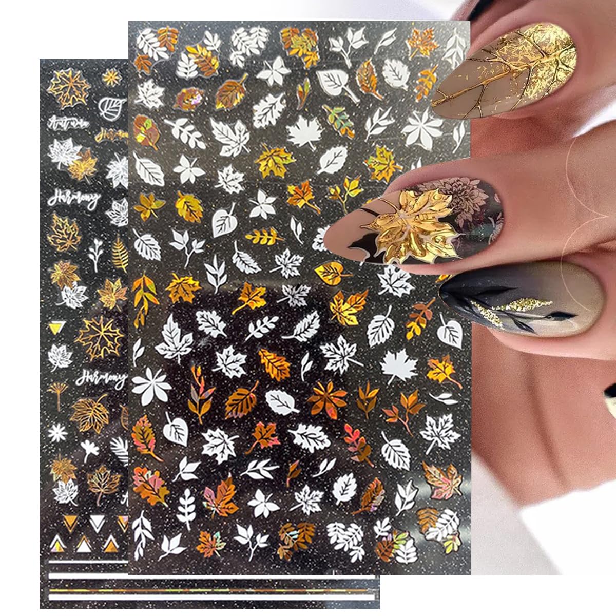 8 Sheets Fall Leaves Nail Art Stickers Gold Maple Leaf Self-Adhesive Nail Decals 3D Stickers Foil Autumn Maple Nail Designs Laser Shiny Manicure Tip Fall Nail Decorations for Thanksgiving Day Supplies