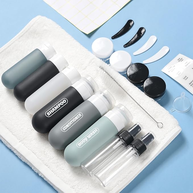 20 Pack Travel Bottles Set, TSA Approved Travel Size Toiletries Containers, Leak Proof Shampoo and Conditioner Bottles, Refillable Travel Essentials Toiletry Bottles (Dark Color)