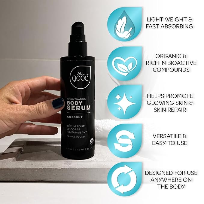 All Good Rejuvenating Body Serum for Men & Women - Calendula, Moringa, Sea Buckthorn & Essential Oils - Lightweight, Moisturizer & Replenishing Serum - Made in USA - 3oz (Coconut)