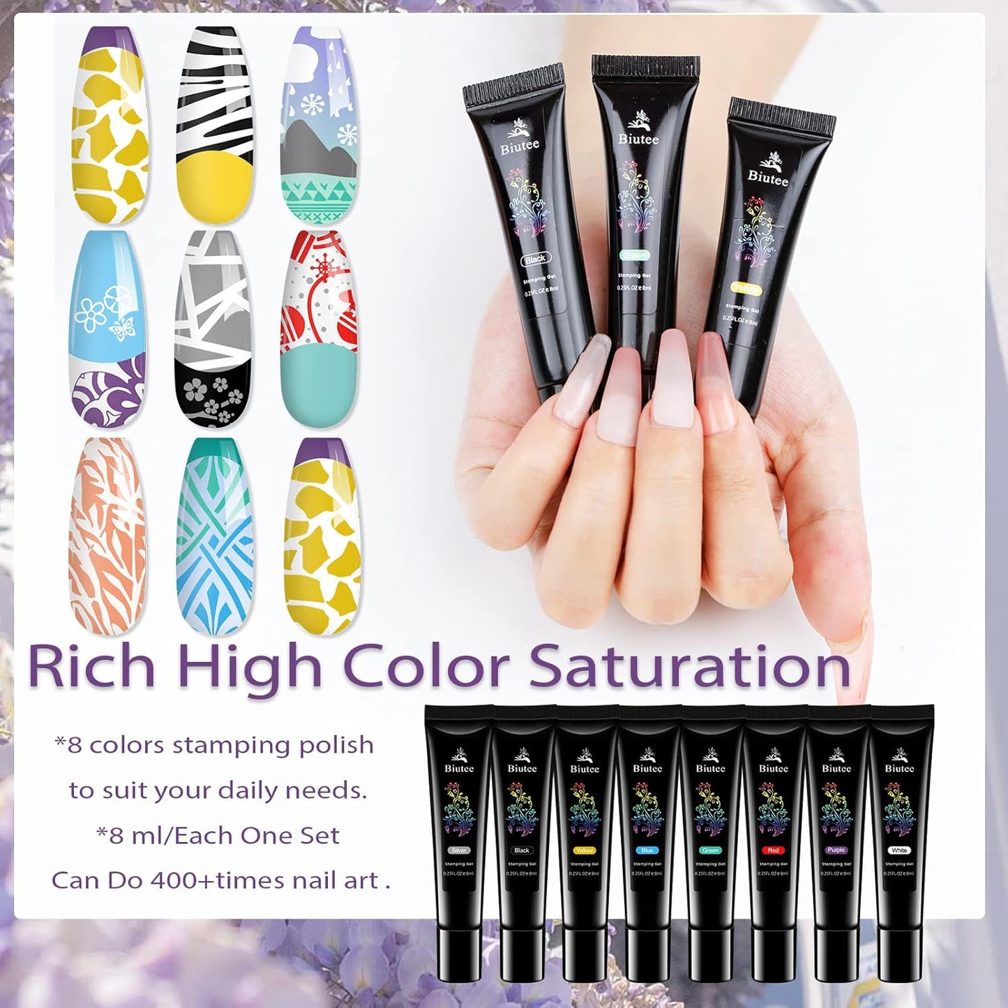 Biutee Nail Stamper Kit Nail Art Stamping Plate Set Stamping Polish Gel Stamp Plate Jelly Silicone Stamper Scraper Flower Lace Line Kiss Stencil Template Tool Supplies for Holiday (Storage Bag)