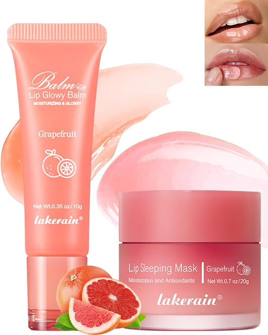2Pcs Lip Glowy Balm & Lip Sleeping Mask,Hydrating Repair Sleeping Lip Mask,Glossy Tinted Lip Balm,Smooth Cracked Chapped Lip,Lip Care Therapy Treatment,Women's Day Makeup Gift for Women-Grapefruit