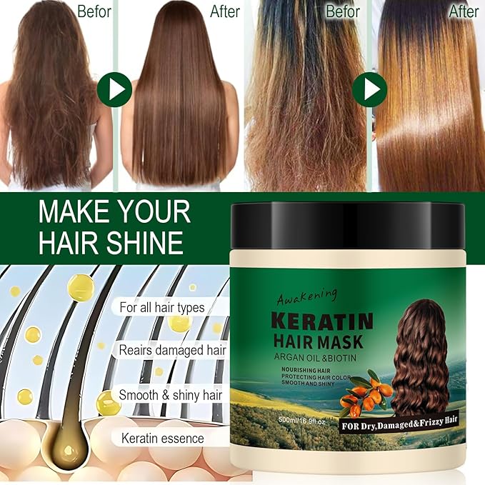 7 Day Repair Keratin Hair Mask & Treatment with Argan Oil - Hydrating, Deep Repair for Dry, Frizzy, Damaged Hair - 16.9 fl oz