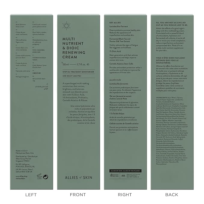 Allies of Skin Multi Nutrient & Dioic Renewing Cream: Moisturizer with Dioic Acid, 14 Antioxidants, Probiotics & Centella Asiatica. Targets Imperfections, Brightens & Protects Skin 1.7 oz / 50 ml
