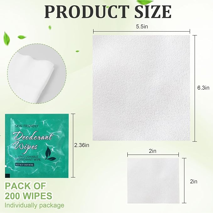200 Pcs Deodorant Wipes Individually Wrapped, Mini Travel Size Wet Antiperspirant Wipes for Armpit, Hands, Face, Butt, Bulk Personal Cleansing Wipe for Women, Men, Homeless, Sports, Travel(Jasmine)