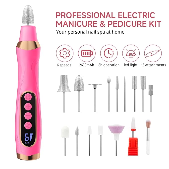 Cordless Nail Drill, Long-Lasting Electric Nail File, Low Noise Electric Nail Drill with 360° LED Light & 6 Speeds, Toenail Grinder for Thick Nail Toenail Cuticle Women Men Baby Pets