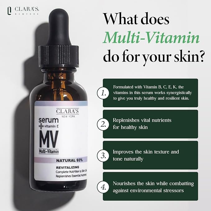 CLARA'S NEW YORK Glycolic Acid Facial Serum with Vitamin E for Exfoliating Smoothing Glowing Face Skin - Made in USA 30ml (1Fl/Oz) (Multi Vitamin)