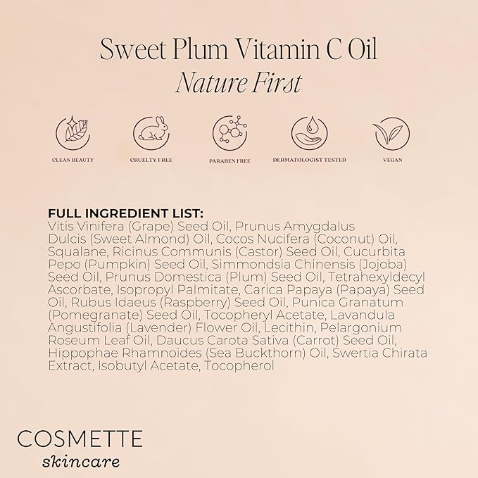 Cosmette Sweet Plum Vitamin C Facial Oil With Grape Seed, Almond, Coconut & Castor Oils, Hydrating Daily Face Oil to Support & Protect Skin Health, Plant Based Natural Skin Care, Vegan, 1 FL Oz