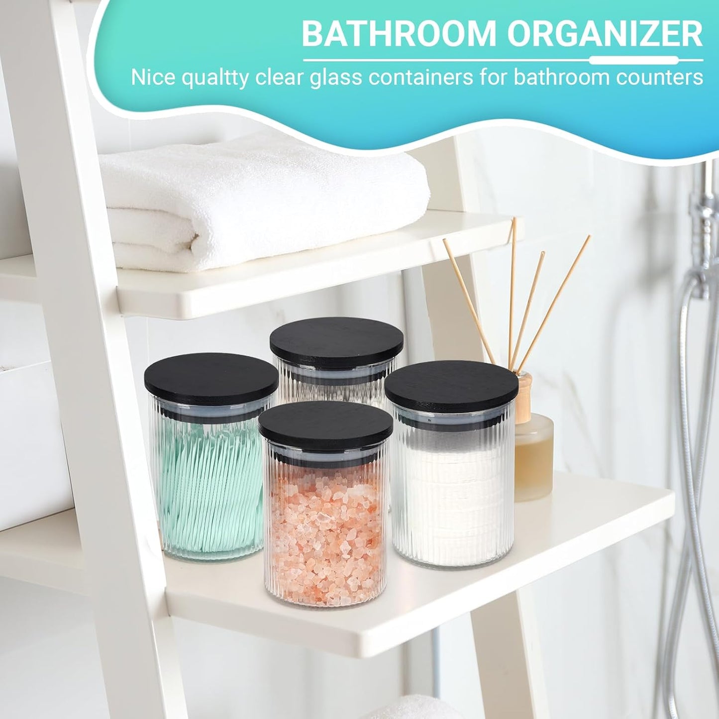 2 Pack Ribbed Glass Qtip Holder Dispenser Set - Apothecary Jars with Lids - Bathroom Canister Storage Organizer and Vanity Makeup Organizer for Cotton Ball, Cotton Swab, Cotton Round Pads,Floss