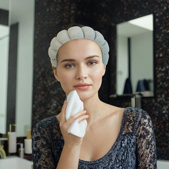 7 Pcs Spa Set, Facial Headband, Spa Headband and Wristband Set, Skincare Headband, College Style Girl Gift, Hair Accessories for Women and Girls（Grey）