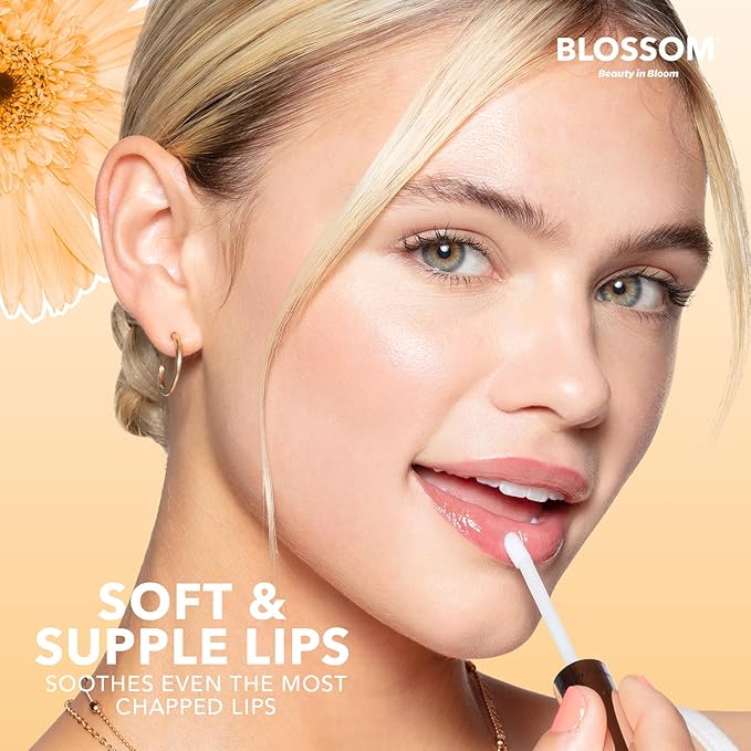 Blossom Lip Gloss & Lip Oil with Olive Oil + Grape Seed Oil, Moisturizing and Hydrating Shimmer Sparkle, Infused with Real Flowers, 3g, Mango