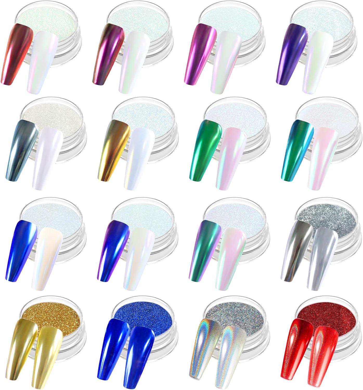 Allstarry Chrome Nail Powder 16pcs Metallic Effect Chrome Pigment Iridescent Aurora Nail Glitter Holographic Pigment Powder Mermaid Pearl Glitter Dust for Gel Polish Nail Art Decoration Resin Craft