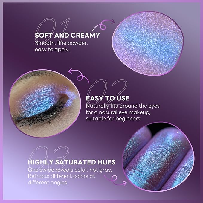 Chameleon Purple Blue Glitter Eyeshadow Makeup, Holographic Color Shifting Shimmer Multichrome Eye Highlighter Palette Iridescent Sparkling Inner Corner Brightener, sombras para ojos 09