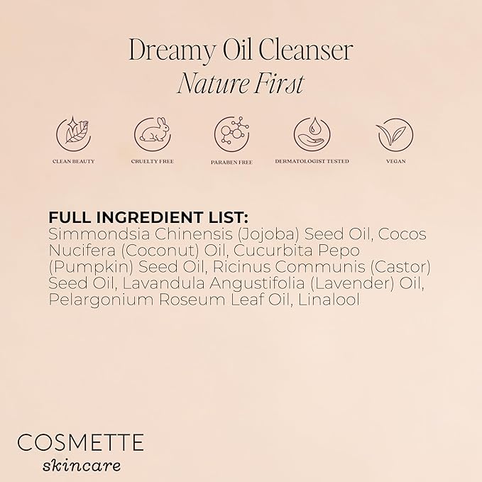 Cosmette Dreamy Deep Cleansing Oil for Face, Vegan Makeup Remover & Facial Pore Oil Cleanser w/Jojoba, Coconut, Castor, Pumpkin & Lavender Oils - Gentle, Hydrating, Natural Korean Skincare, 1.7 FL Oz