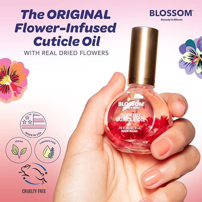 Blossom Hydrating, Moisturizing, Strengthening, Scented Cuticle Oil, Infused with Real Flowers, Made in USA, 2 Pack Bundle, Strawberry + Amazon Exclusive Raspberry