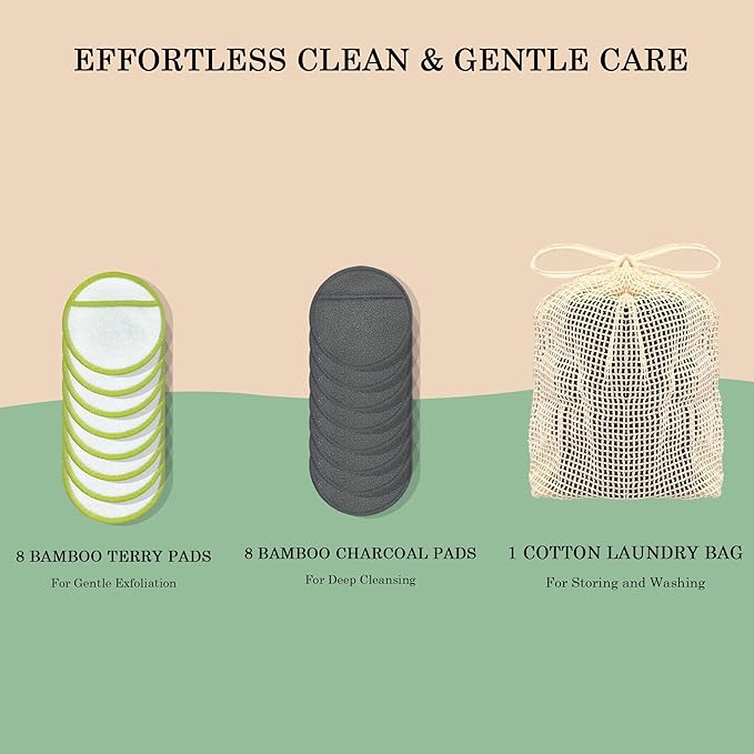 Chloven Reusable Cotton Rounds 16 Pack - Machine Washable Bamboo Charcoal Makeup Remover Pads for Face, Bamboo Terry Face Wipes Reusable Makeup Pads with Laundry Bag