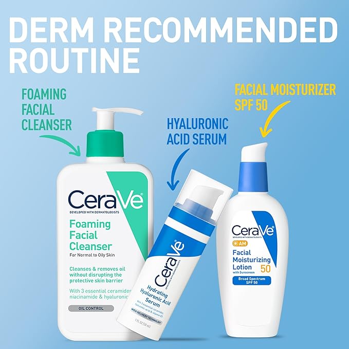 CeraVe AM Facial Moisturizing Lotion SPF 50, Face Moisturizer with SPF, Hyaluronic Acid, Niacinamide & Ceramides, Non-Greasy, Blends Seamlessly With No White Cast, Non Comedogenic Sunscreen, 3 Oz