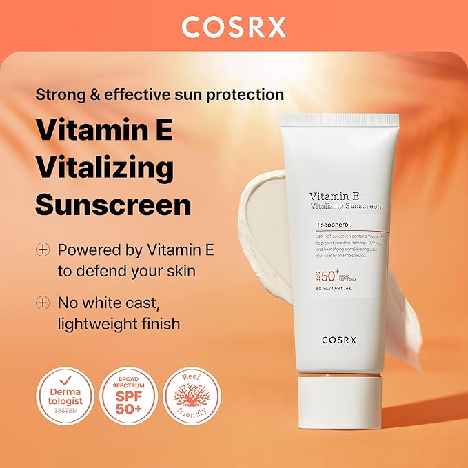 COSRX Vitamin E Vitalizing Face Sunscreen SPF 50, 1.69 fl oz, SPF Moisturizer, Lightweight under Makeup, Travel Essentials, Summer Essentials, Korean Skin Care, Korean Sunscreen for Face