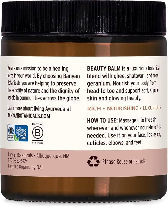 Banyan Botanicals Beauty Balm - USDA Certified Organic, 4 oz - Shatavari & Rose Geranium to Moisturize & Soften Skin