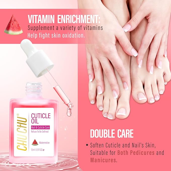 CHUCHU Jojoba Cuticle Oil for Nails: Watermelon Organic Nail Oil with Vitamin B & E - Moisturizes Repairs and Promotes Nail Growth - Prevents Dryness Hangnails and Chapped Skin 15ML