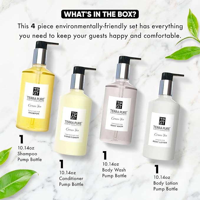 1-Shoppe Terra Pure Ecobox Amenities Kit | Green Tea Soap | Shampoo, Conditioner, Body Lotion, Body Wash | 10.14 oz | Hotel Toiletries Bulk