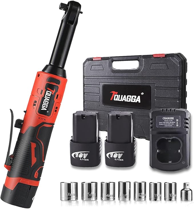 3/8" Cordless Electric Ratchet Wrench Set, 18V Power Ratchet Tool Kit With 2 Packs 2000mAh Battery And Charger, 45 FT-LBS Battery Powered Extended Wrench with LED Lights