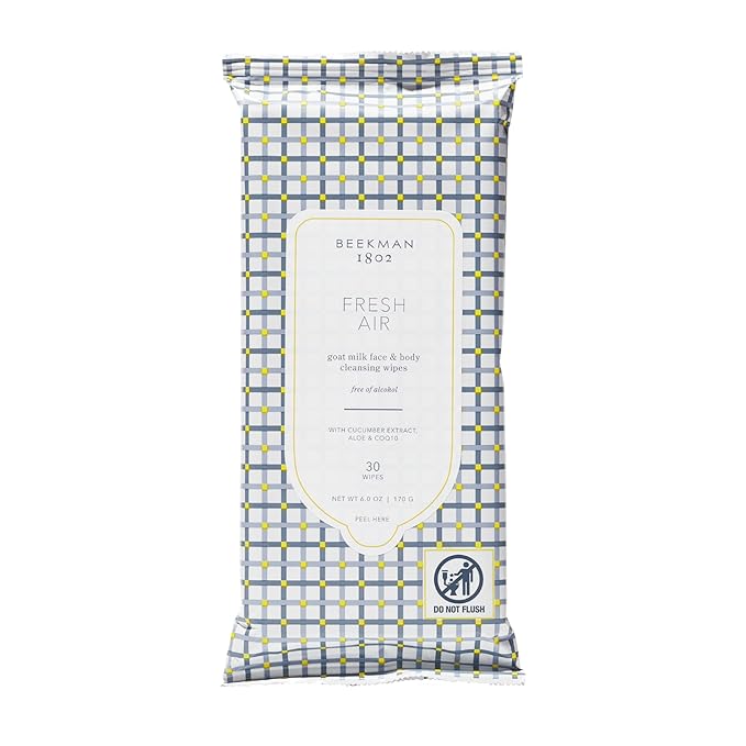 Beekman 1802 Face & Body Wipes, Fresh Air - Scented - 30 Count - Cleanses Dirt & Makeup - With Goat Milk, Aloe & Vitamin E - Alcohol Free, Biodegradable - Good for Sensitive Skin - Cruelty Free