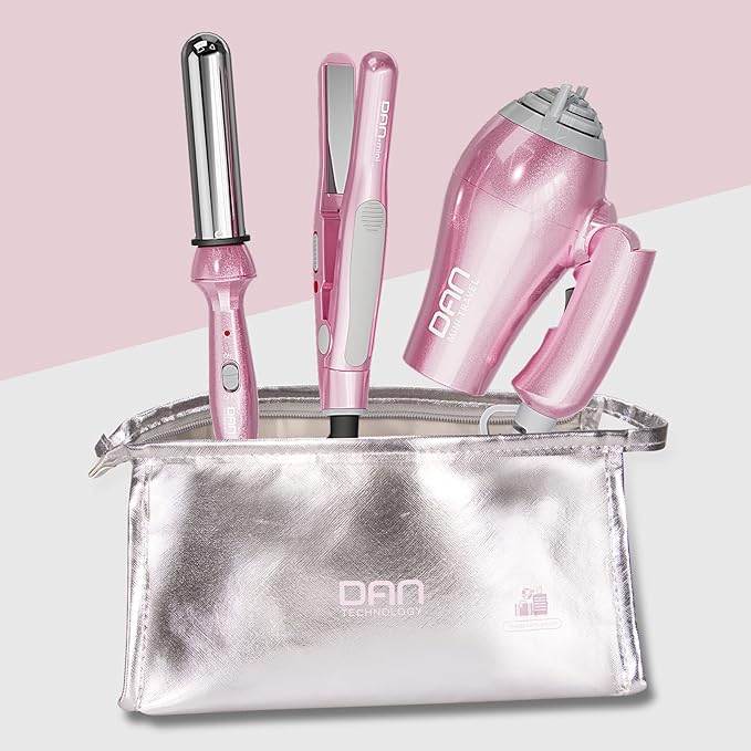 DAN Technology Hair Styling Set, Including Travel Hair Dryer, Mini Flat Iron, and Travel Curling Iron with European Plug, Dual Voltage, Portable Storage Bag, Pink