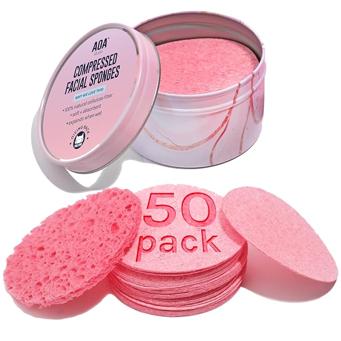 AOA Studio 50-Count Compressed Facial Sponges 100% Natural Cosmetic Spa Sponges for Facial Cleansing, Exfoliating Mask, Remove for Makeup, Dead Skin, and Dirt (50 counts, Pink)