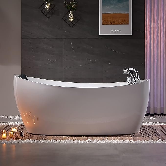 67 in. Acrylic Freestanding Bath Tub Hydromassage Gracefully Oval Shaped 7 Water Jets Soaking SPA, Single-Ended Massage Bathtubs with Pillow, White