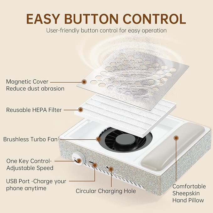Cordless Nail Dust Collector, Brushless Turbo Fan Dust Collector Nail Tech with 30pcs Cotton Filter,Rechargeable Dust Suction Machine for Acrylic Gel Polish Manicure at Salon&Home