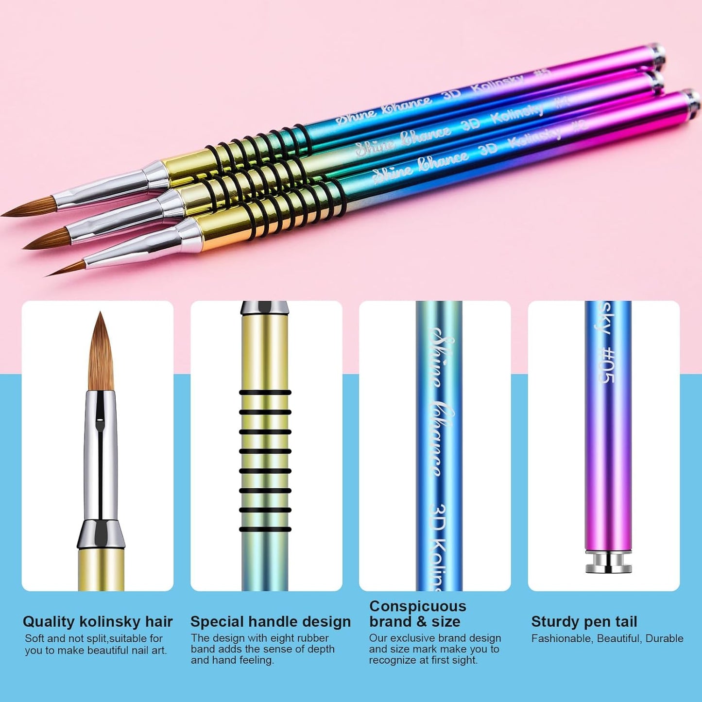 3Pcs Acrylic Nail Brushes Set Size 2 4 5, Kolinsky Hair Acrylic Nail Art Brush, Art Design & Polish Mistake Cleaning Manicure Tools for Women Acrylics Application, Gradient