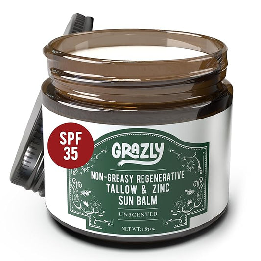 Beef Tallow Sunscreen SPF 35 – Unscented Water Resistant Zinc Sun Balm, Non-Greasy Natural Sunscreen for Face & Body – 4 Natural Ingredients: Non-Nano Zinc, Organic Coconut Oil, Beeswax- 1.8 oz