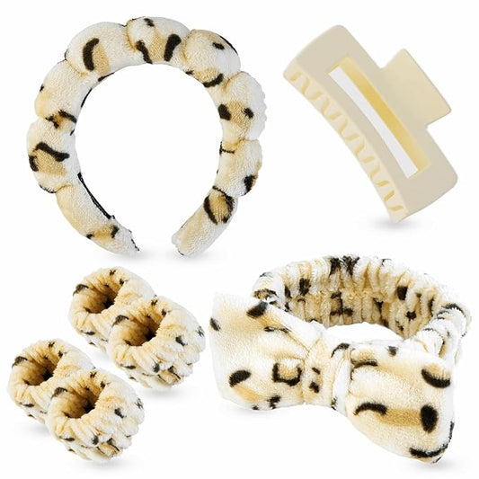 7 Pcs Spa Set, Facial Headband and Wristband Set, Skincare Accessories, College Style Girl Gift, Hair Accessories for Women and Girls（Leopard）