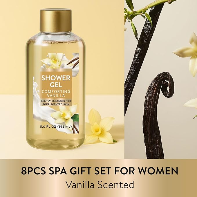 Cozy Vanilla Gift Sets for Women, 8 Piece Bath and Body Care with Bubble Bath, Relaxing Spa Gifts for Mom or Friend, Self Care Gift Basket Set Includes Body Scrub, Hand Cream, Soap for Birthdays