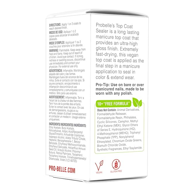 Probelle Top Coat Sealer, Quick Dry Nail Polish Top Coat, High Shine Glossy Nail Finish, Instantly Forms Clear Barrier For Enamel Protection, Fast Dry Manicure, Long Lasting Results, 0.5 fl oz/ 15 mL