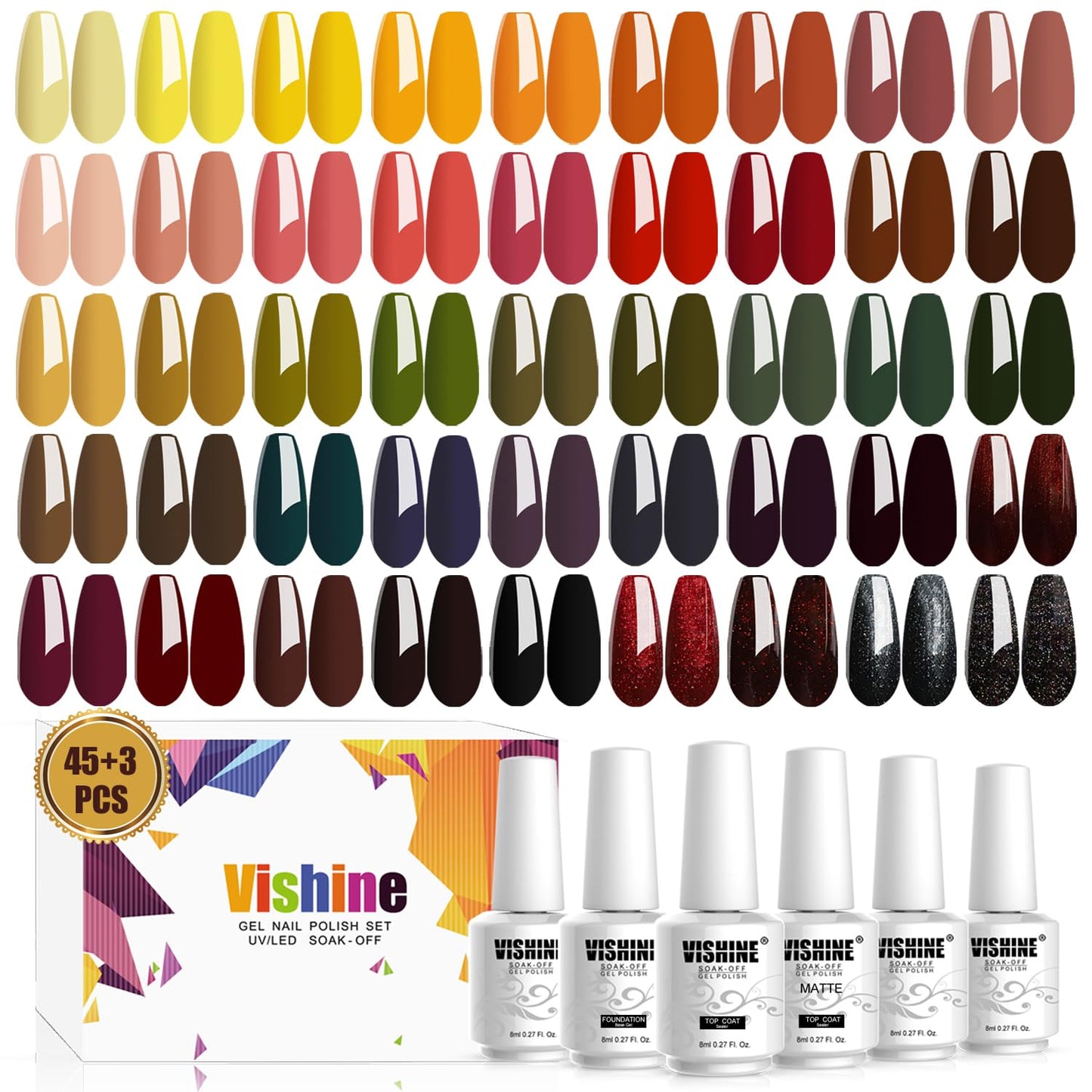 Vishine 48PCS Gel Nail Polish Kit with UV Light include 45 Colors Gel Polish Nail Kit Soak Off Base Coat No Wipe Top Coat Matte Top Coat Nail Polish Set Manicure Tools Nail Lamp Nail Gel Kit for Women
