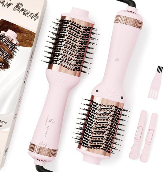 Big Size Dual Voltage Hot Air Brush Dryer, 4 in 1 Ionic Blowout Hair Dryer Brush & Styler Volumizer with 75MM Oval Titanium Barrel for Long & Thick Hair