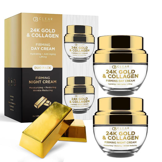 Clear Beauty 24K Gold & Collagen Day/Night Moisturizer Set - Dermatologist Tested, Hydrating, Anti-Aging Cream, Natural Ingredients, Cruelty Free Korean Skin Care, All Skin Types - Value Pack