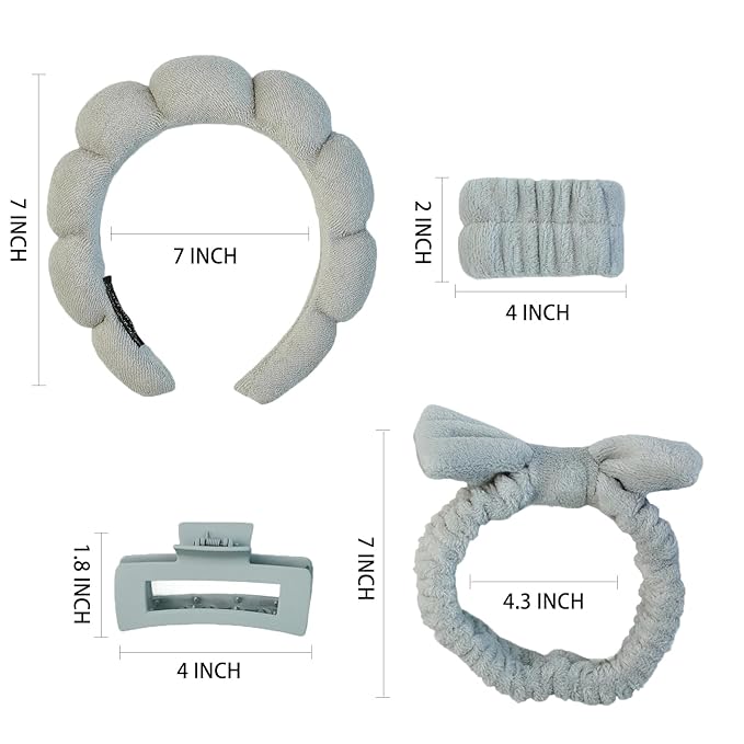 7 Pcs Spa Set, Facial Headband, Spa Headband and Wristband Set, Skincare Headband, College Style Girl Gift, Hair Accessories for Women and Girls（Grey）