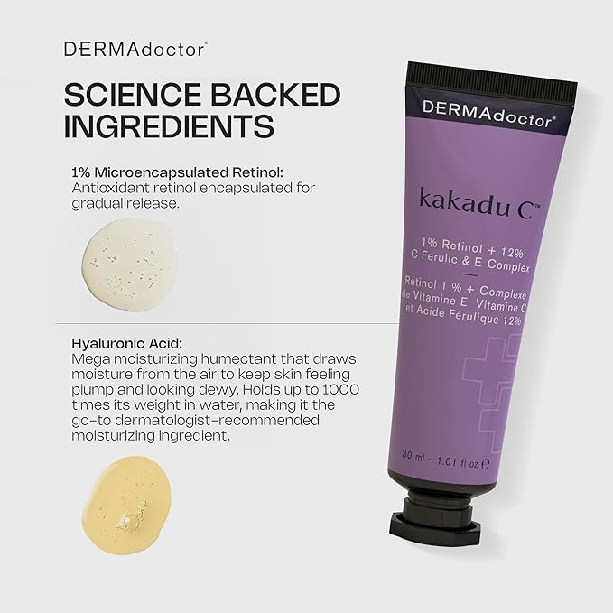 DERMAdoctor Retinol Cream for Face - Stable Vitamin C & E, Ferulic Acid Anti Aging Face Cream 1% Retinol Vitamin C Facial Moisturizer Night-Cream for Dullness, Discoloration, Fine Lines, & Wrinkles