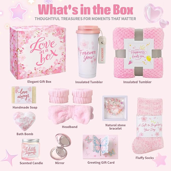 Birthday Gifts for Women, Gift Basket for Mom Wife Sister Her Friends, Luxury Self Care Spa Set with Blanket, Thank You Get Well Soon Holiday Gifts Box for Mother Valentine Day (Pink)