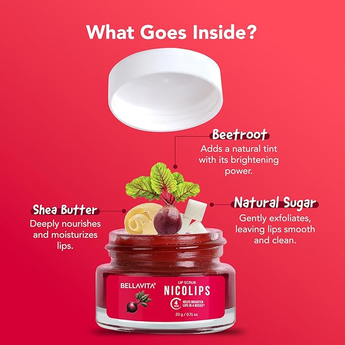 BellaVita Luxury NicoLips Lip Scrub 20gm | Lip Balm For Exfoliation & Dark Lip Moisturizing | With Goodness of Beetroot, Shea Butter & Walnut Lip Scrub | Lip scrubber exfoliator for Women and Men