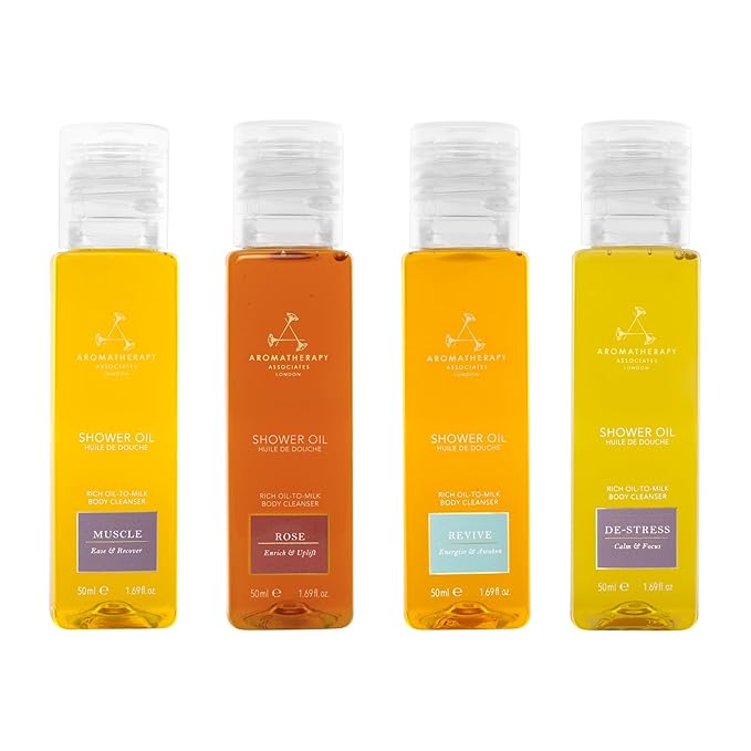 Aromatherapy Associates Mini Shower Oil Travel & Discovery Collection. 4 Premium Shower Oils (50ml each) and Handy Travel Case. Includes Revive, De-Stress, Muscle and Rose Blends (1 count)