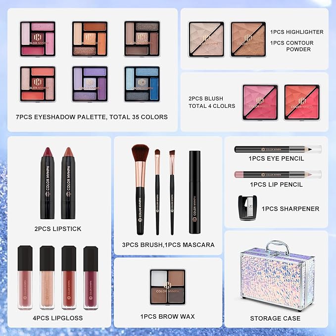 Color Nymph Makeup Kit For Women, Girls Makeup Set For Teens Professional Make Up Kits With Travel Case Full Cosmetics Kit w/ 35 Colors Eyeshadows Lipstick Blush Brushes Lipgloss Mascara